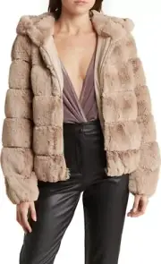 $398 BCBGMAXAZRIA Women's Quilted Faux Fur Hooded Jacket Coat L Hazelnut