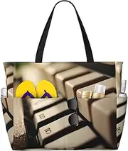 [Ghjkfbf] Piano Key Print Large Capacity Beach Travel Bag For Family, Beach Tote Bag For Women With Zipper Pockets, Black, One Size