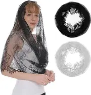 [AZIDWERYQ] 2PCS Mantilla Veils Catholic Round Elegant Lace Head Coverings Scarf Decorative Catholic Veils for Women Mass Wedding Bridesmaid, White + Black