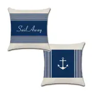 Set of 2 Pillow Covers 18x18, Blue & White Sail Away and Anchor Style Linen