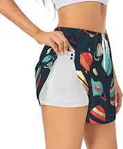 [FSCEV] Outer Space Planet Women's Athletic Shorts Summer Daily Leisure Loose Drawstring with Liner