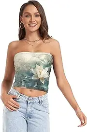 [RPLIFE] Vintage White Flower Dragonfly Summer Tops, Women Strapless Top, Sheer Tube Tops, Sexy Tube Tops (S)