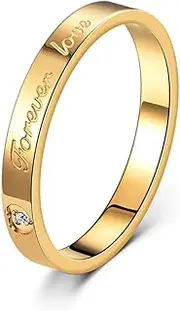 [Moplusea] 3mm Stainless Steel Forever Love Heart Zircon Rhinestone Classical Plain Stacking Band Statement Wedding Promise Ring For Women, 7, Stainless Steel, No Gemstone