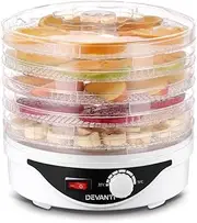 Devanti Food Dehydrator, 5 Trays 245W Electric Dehydrators Dryer Machine Oven Jerky Yogurt Fruit Maker Home Small Kitchen Appliances, Plastic Adjustable Temperature Control White