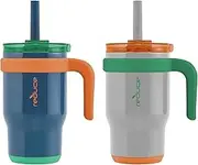REDUCE 14 oz Coldee Tumbler with Handle for Kids - 2 Pack, Leakproof Insulated Stainless Steel Mug with Lid & Spill-Proof Straw, Keeps Drinks Cold up to 18 Hrs, Grey and Navy
