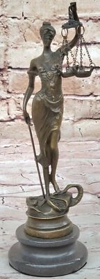 Real Bronze Metal Statue with Marble Lady Blind Justice Scales Lawyer Sculpture