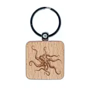 Octopus Old Timey Sketch Engraved Wood Square Keychain Tag Charm
