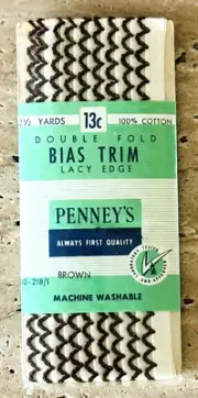 VTG Sewing J. C. Penny’s Lacy Edge Bias Trim 2.5 yards Double Fold Cotton Brown