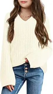 [Haloumoning] Girls' Pullover V-Neck Lightweight Knitted Jumper Kids Basic Plain Long Sleeve Knitted Sweater Winter Shirt Jumper Tops