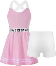 [FEESHOW] Kids Girls Pleated Tennis Golf Dress Netball Workout Outfits Sleeveless Sports Dress with Shorts Set
