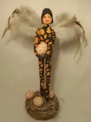 ARTIST MADE FAIRY DOLL on BIRDNEST EGGS FEATHER WINGS OOAK SPRINGTIME CREATION!