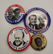 Pinback Buttons Lot 4 Including 1st Female USVP Candidate 60s-80s Political