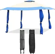 Costway 393cm x 393cm Canopy Tent, Gazebo Canopy w/ 2-Tier Roof, Silver-Coated Oxford Fabric & Powder-Coated Steel, 3 Adjustable Heights, Ideal for Yard, Patio, Beach & Park (Blue + Beige)