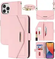 Cavor Crossbody Wallet Case for iPhone 12 Pro Max Case (6.7") Flip Cover Magnetic Leather Women Handbag Card Slots Holder Zipper Kickstand Purse with Detachable Shoulder Necklace Lanyard Strap-Rose