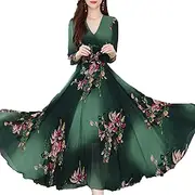 [Generic] Women's Summer Floral Dress Ruffled Hem Flowy Bohemian Maxi Dresses Casual Short Sleeve Long Chiffon Beachwear