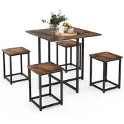 Costway 5PCS Dining Table Set Compact Table & 4 Stools Set Kitchen Furniture Metal Frame Rustic Brown