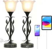 Set of 2 Touch Table Lamps, 3-Way Dimmable w/ USB, Rustic Leaf & Glass Shade