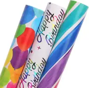 Birthday Wrapping Paper 3 Rolls Colorful Balloon Stripe and Iridescent Happy Bir