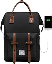 Backpack for Men, VASCHY Vintage Water Resistant 15.6in Laptop Travel Women Backpack with USB Charging Port for Business Travel Black