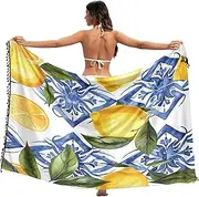 [RPLIFE] Sicilian Style Lemons Blue Flowers Women's Sarongs for Bathing Suits, Tassel Sarong for Summer Beach/Pool, Large, Sicilian Style Lemons Blue Flowers, Medium