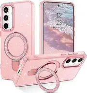 [DUEDUE] Magnetic Case for Samsung Galaxy S24 FE 5G 6.7", Samsung S24 FE Glitter Sparkly Case with Ring Holder Kickstand Stand for Women Girls Protective Shockproof Cover [Compatible with MagSafe], Pink
