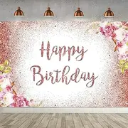 Birthday Decoration Happy Birthday Backdrop for Women Girls Birthday Party Background Shining Glitter Gold Spots Pink and Gold Floral Party Banner Kids Photo Studio Props