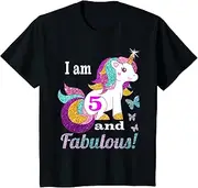 [X.Style] Kids I am 5 and Fabulous (5th Birthday) Unicorn Shirt for Girls ds1035 T-Shirt (S) Black