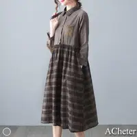 在飛比找momo購物網優惠-【ACheter】日式大碼格紋拼接棉麻襯衫領洋裝#11175