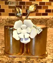 Pier 1 Imports Gold Floral Salt and Pepper Shaker Set White Flower NWT