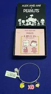 NEW Alex and Ani PEANUTS XO Smak Trio Charm Bangle Bracelet Shiny Silver