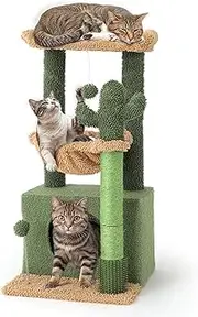 Small Cat Tree Tower with Scratching Post, 33.5 Inch Modern Cute Cat Tree Condo with Cozy Perch Hammock Hanging Ball for Kittens Indoor, Cactus Shade, Green