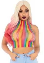 Leg Avenue Rainbow Net High Neck Crop Top, Multicolor, One Size