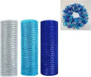 JStnana 3 Rolls Blue Silver Deco Mesh Ribbon for Wreath Making Supplies, 10 Inch x 30FT Metallic Foil Burlap Deco Mesh Fabric for DIY Crafts Summer Christmas Door Wreath Swags and Decorating