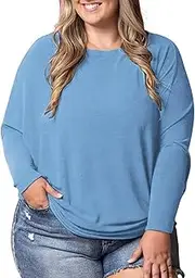 [OULIWANGLUO] Women's Casual Solid Boat Neck Sweater Long Sleeve Knitted Round Neck Shirts Fall Basic Loose Tunic Tops Casual (Light Blue,Small)