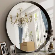32 Inch Black round Bathroom Mirror - Wall Mounted Circle Mirror with Metal Fram