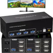 HDMI KVM Switch 3 Monitors 2 Computers 8K 60Hz 4K 120Hz 2 Port KVM 4 USB...