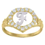 10k Two-Tone Gold Cubic Zirconia Womens Initial "F" Letter Band 1.8g Ring Size 7