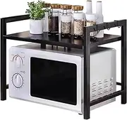 JSUDQR 2 Tiers Extendable Microwave Oven Rack Stand Black Kitchen Counter Top Organizer Microwave Shelf Stand for Kitchen With 5 Hooks Carbon Steel Heavy Load Length 40-60cm