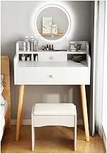 Makeup Vanity Desk with Lighted Mirror 3 Lighting Modes Makeup Vanity Table Dressing Table with Open Shelves & Cushioned Stool(White)