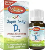 Carlson - Kid's Super Daily D3, Kids Vitamin D Drops, 600 IU (50 mcg) per Drop, Heart & Immune Health, Vegetarian, Liquid Vitamin D Drops, Unflavored, 365 Drops