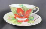 NEW RARE Hand Painted Red Hibiscus Gold Trim Lefton China Teacup & Saucer Set