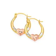 9ct Gold Tri Tone 10mm Satin & Diamond-cut Heart Creole Earrings