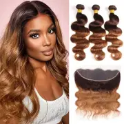 2 Tone Ombre Body Wave Hair 3 Bundles with Frontal 13x4 Ear to Ear Lace Front...