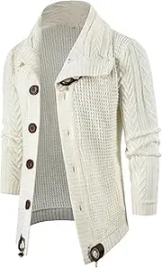 [Gsywaipei] Men's Vintage Knitted Cardigan Button Long Sleeve Male Knits Sweaters Jacket Winter Turtleneck Knit Sweater Coat, White, L