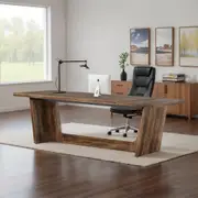 OAKORY 180cm Executive Computer Desk, Solid Wood Pedestal, Industrial Study Writing Table, Brown, All-Wood Construction, Multi-purpose