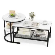Costway 2pcs Nesting Coffee Table Metal Frame Side End Table Set Bedroom, Apartment w/Faux Marble Tabletop