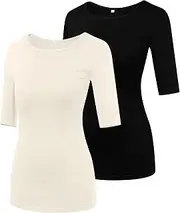 [Huukeay] 2 Pcs Women's Half Sleeve T Shirt Women Basic Round Neck Tops Womens 1/2 Sleeve Crewneck T Shirt Tops Stretchy Tees