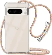 [YESPURE] for Google Pixel 8 Pro Phone Case Clear Adjustable Shoulder Neck Lanyard Crossbody Cover Women Girls Soft TPU Slim Shockproof Protective Hanging Strap Mobile Case for Pixel 8 Pro - Rainbow