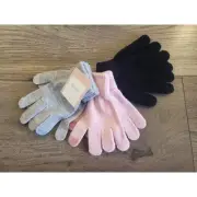 Girls Gloves Set of 3 Solid Pink Black Grey Metallic Threading Kids M/L Winter