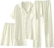 [codcm] Womens Cotton Pajama Sets Plaid Short Sleeve Button Down Sleepwear Ankle Pants 3 Piece Gingham Pj Set